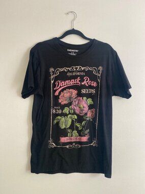 California Damask Rose Graphic T-Shirt Black Cotton Blend Size L